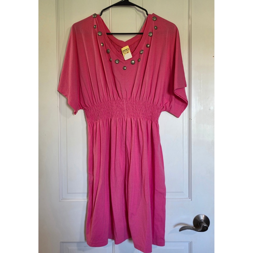 Ariat Pink Studded V-Neck Smocked Waist Short Sleeve Dress Medium NWT Western
